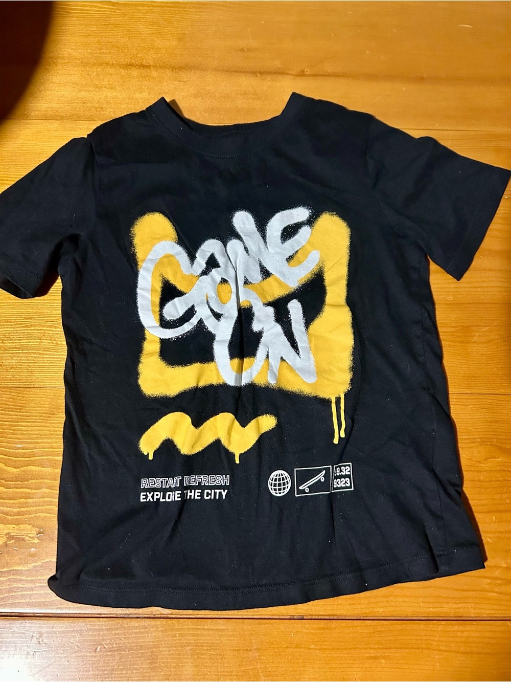 (3/$10) H&M Black Tee with Yellow and White Graffiti Print